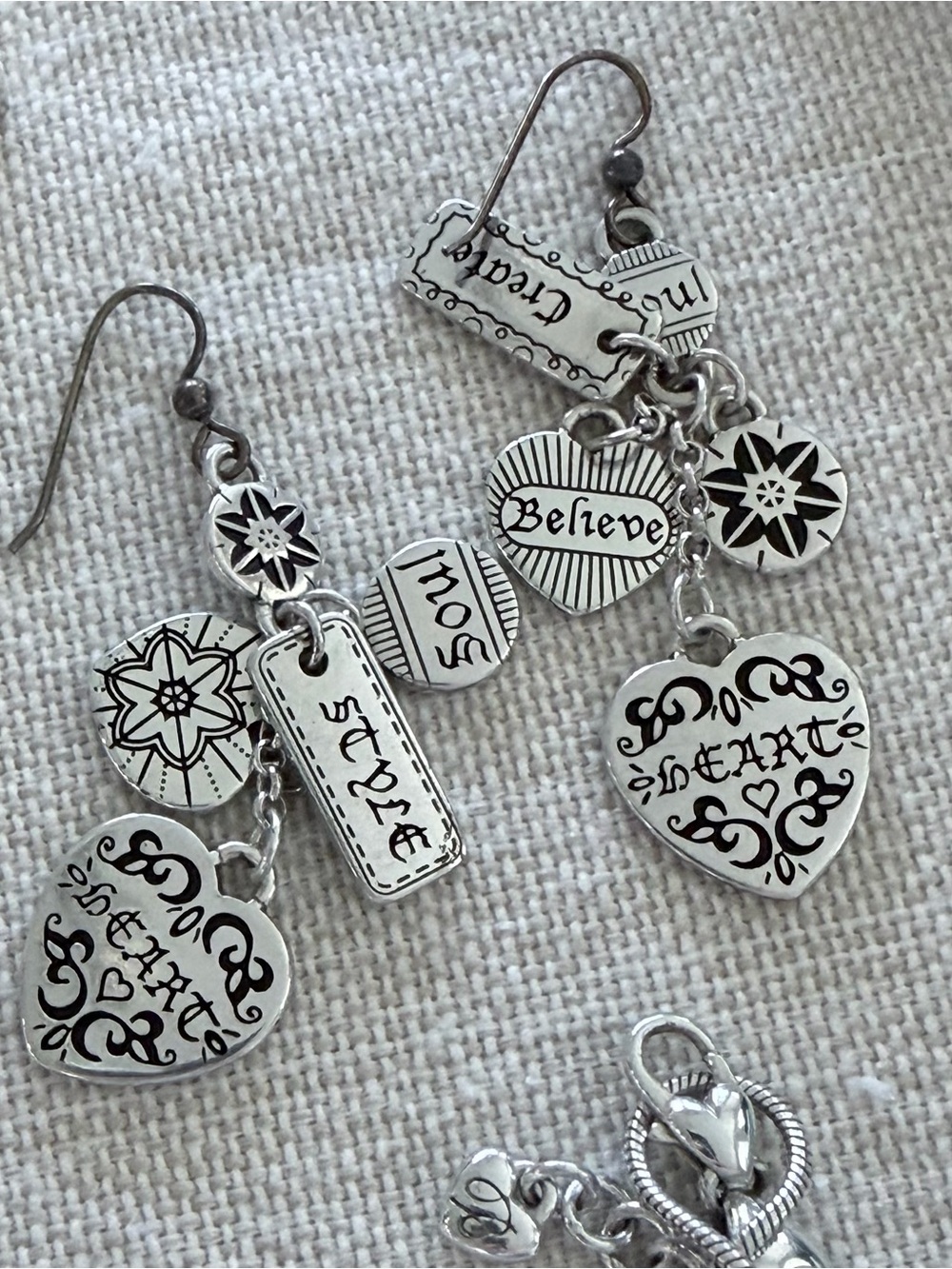 Brighton Silver-Tone Charm Dangle Earrings with Heart and Tag Charms